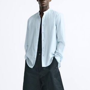 ZARA Men’s Wrinkled Effect Organic Cotton Summer Shirt Sky Blue